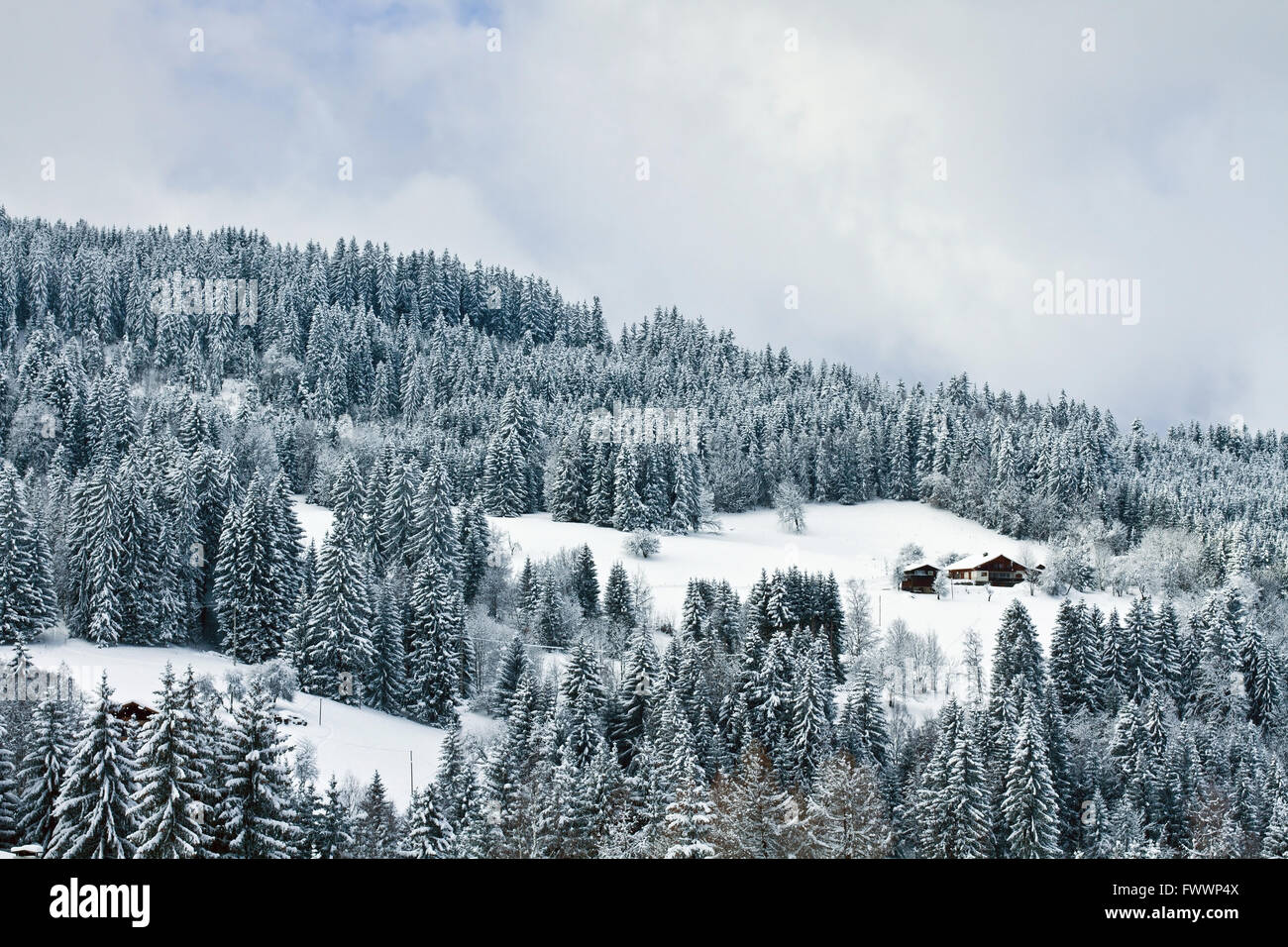 Französische Alpen, Winterlandschaft, Holzhäuser und verschneiten Wald in Bergen Stockfoto