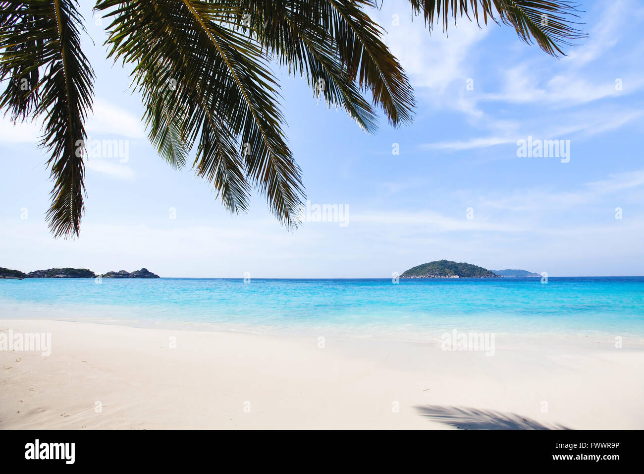 Paradies-Strand-Hintergrund mit Exemplar, türkisfarbenes Wasser, weißen Sand und blauem Himmel Stockfoto