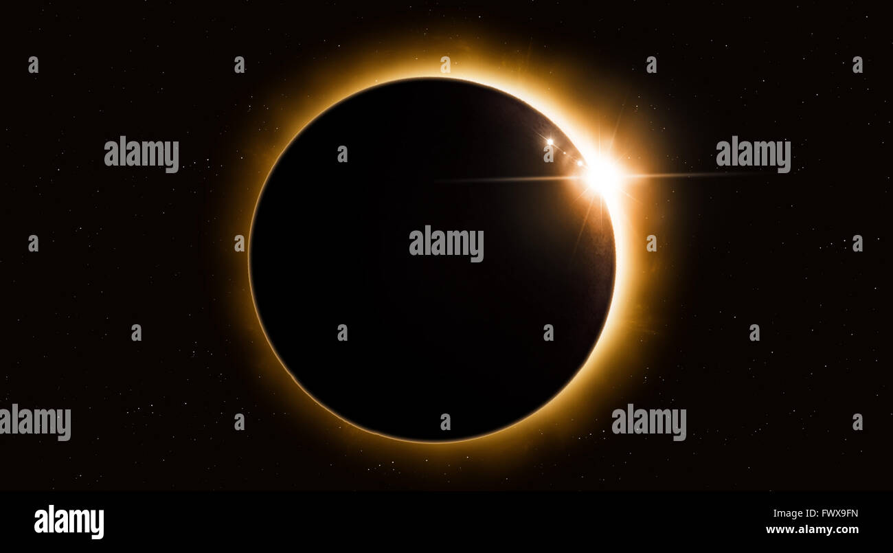 strahlende Sonne Sonnenfinsternis vom Mond im Raum imaginäre Abbildung Stockfoto