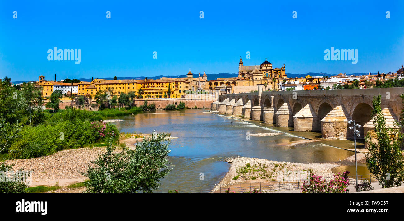 Antike römische Brücke Eingang Calahorra Turm Puerta del Puente Mezquita Fluss Guadalquivir Cordoba Spanien römische Brücke war buil Stockfoto