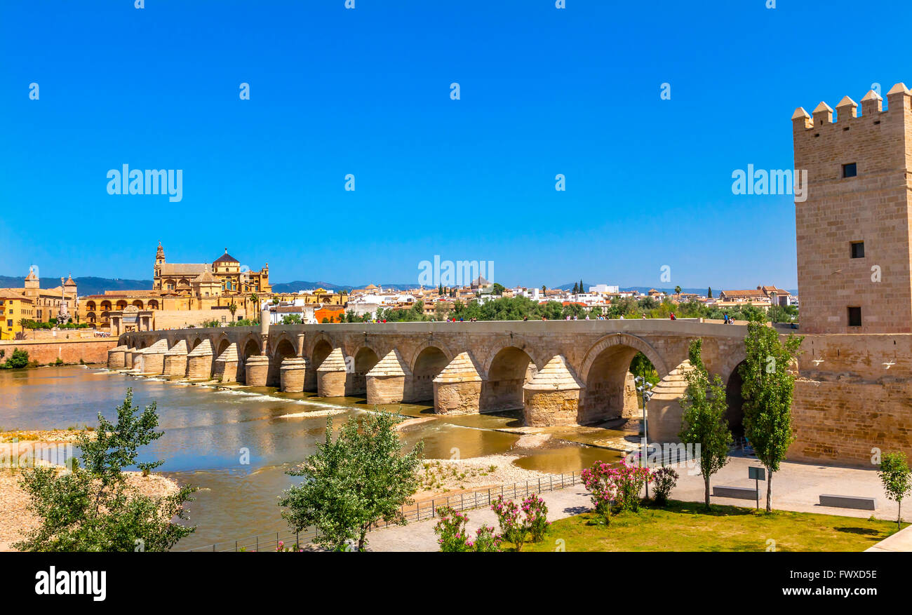 Antike römische Brücke Eingangsturm Calahorra Puerta del Puente Mezquita Fluss Guadalquivir Cordoba Spanien Stockfoto