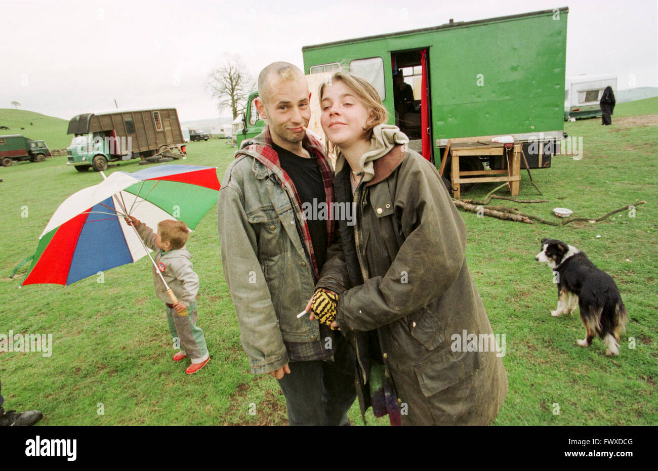 New-Age-Reisende in Schottland Clown um für die Kamera. Stockfoto