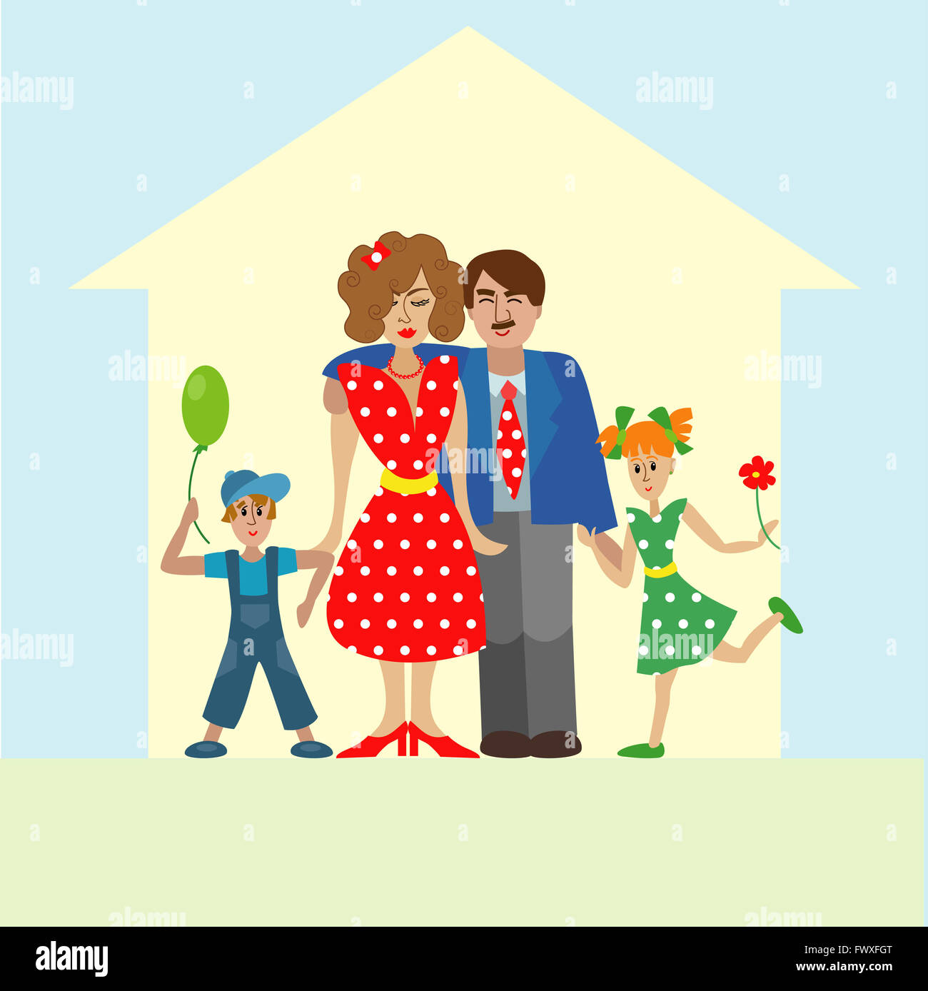 Porträt des vierköpfigen stilvolle Familienglück gemeinsam posieren. Eltern mit Kindern. bunte Illustration im flat design Stockfoto