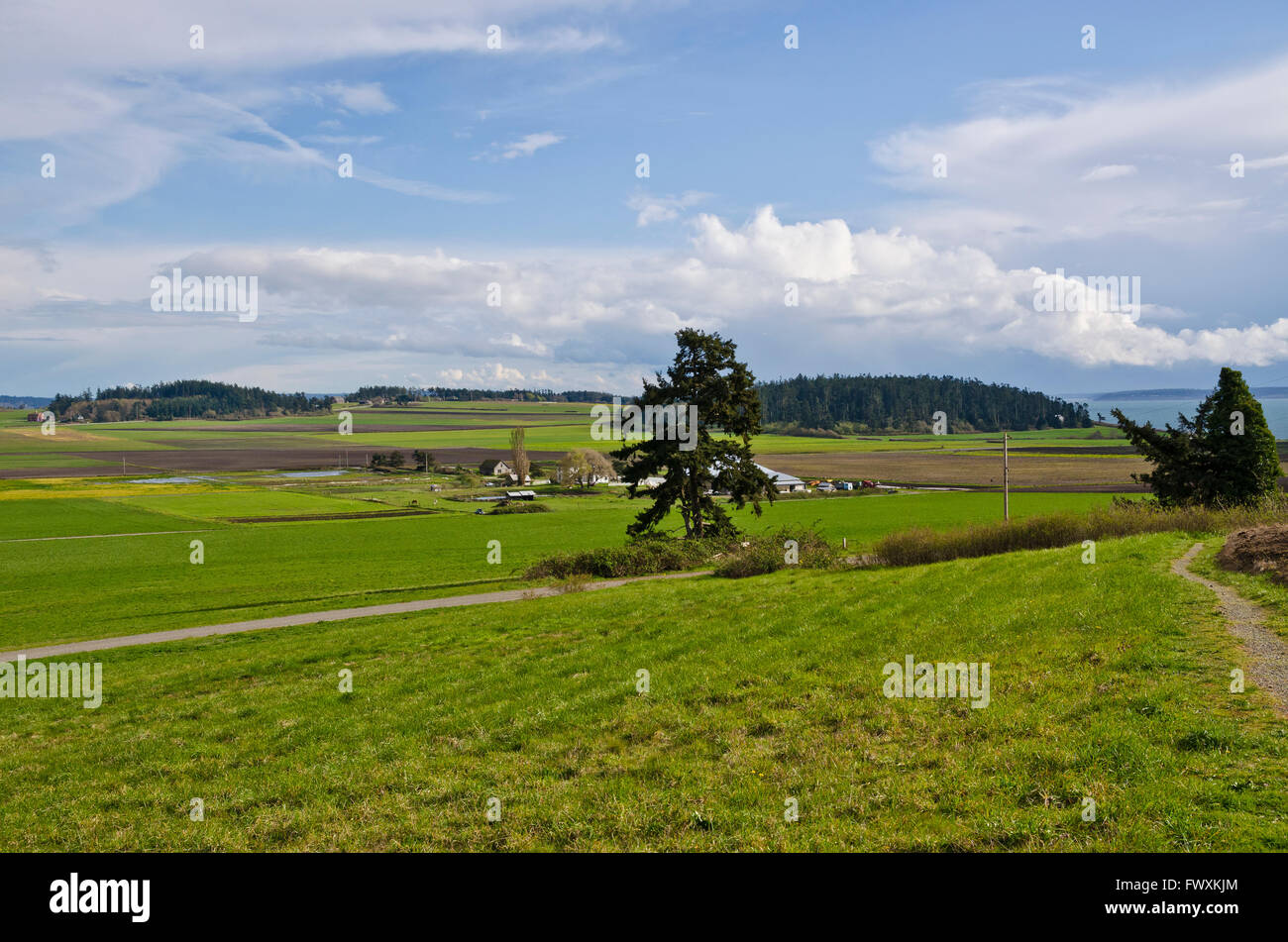 Whidbey Island: Blick auf Ackerland, Wiesen und das Meer bei Ebeys Landung National Historic Reserve.  US-Bundesstaat Washington USA Stockfoto