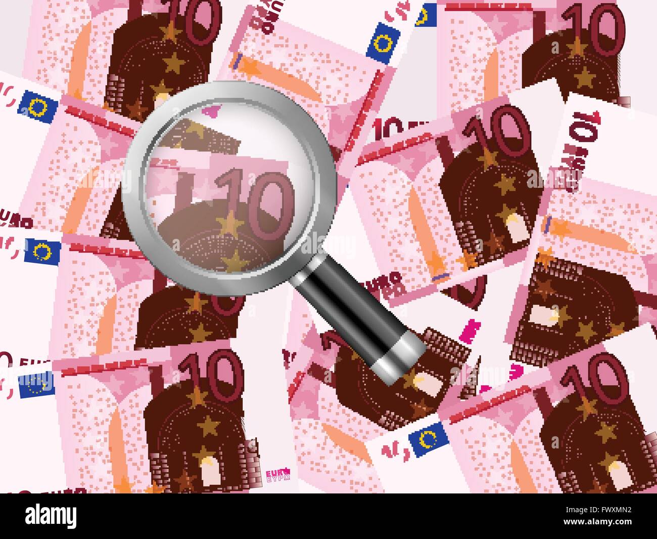 Lupe auf zehn Euro Hintergrund. Vektor-illustration Stock Vektor