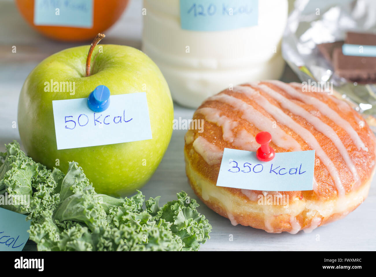 Kalorienzählen und Essen mit Etiketten-Konzept Stockfoto
