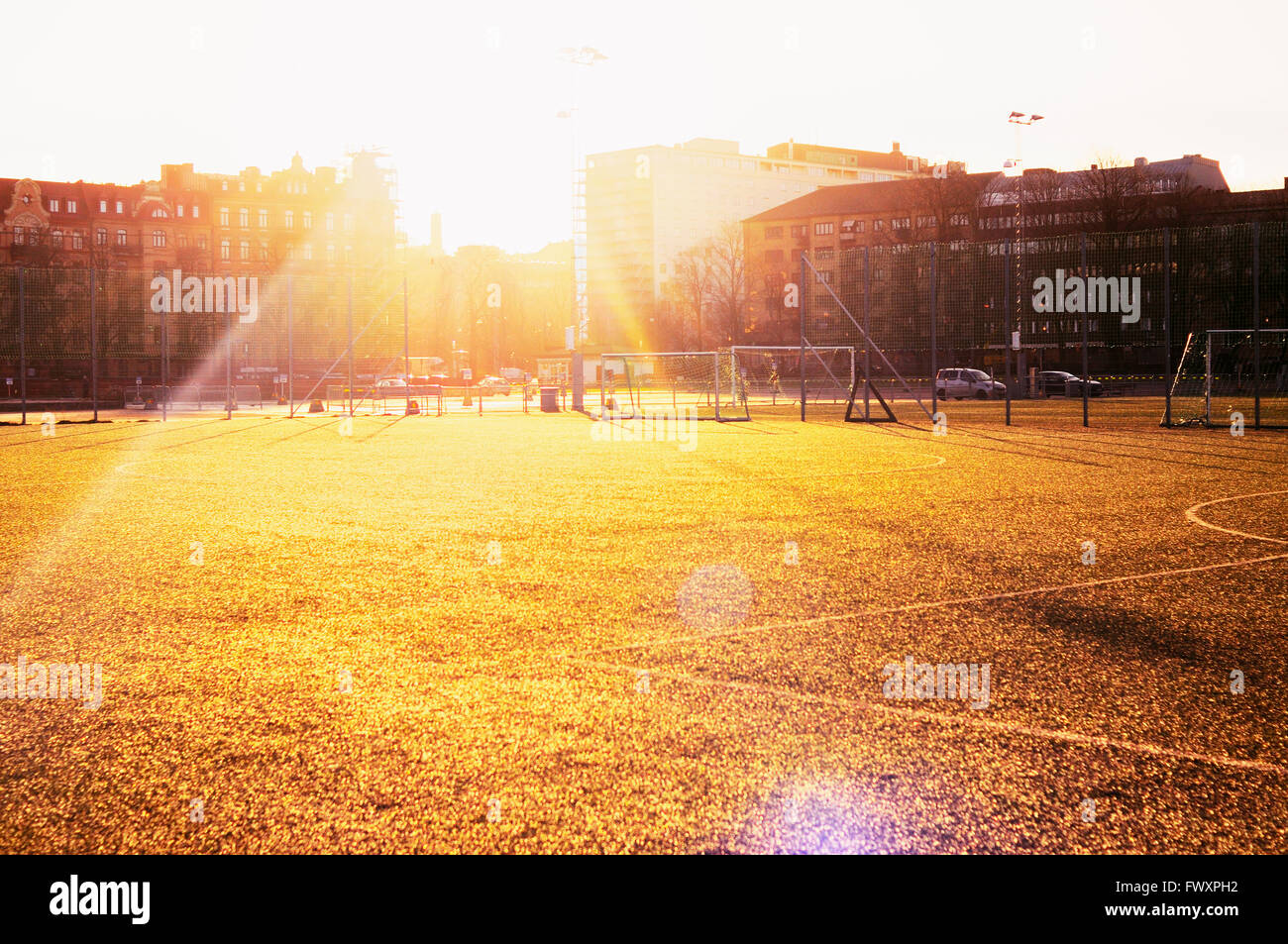 Schweden, Vastra Gotaland, Göteborg, Present, Spielfeld bei Sonnenuntergang Stockfoto