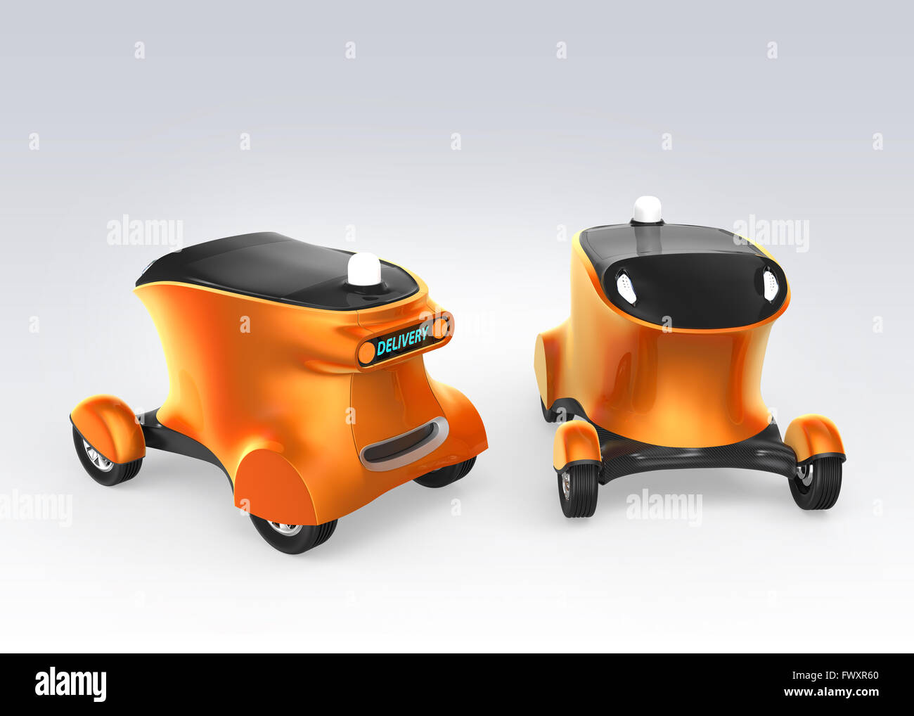 Konzept der selbstfahrenden Roboter Zustellfahrzeug. Der Roboter kann tragen, Pizza, Hamburger ohne Fahrer. 3D-Rendering Bild. Stockfoto