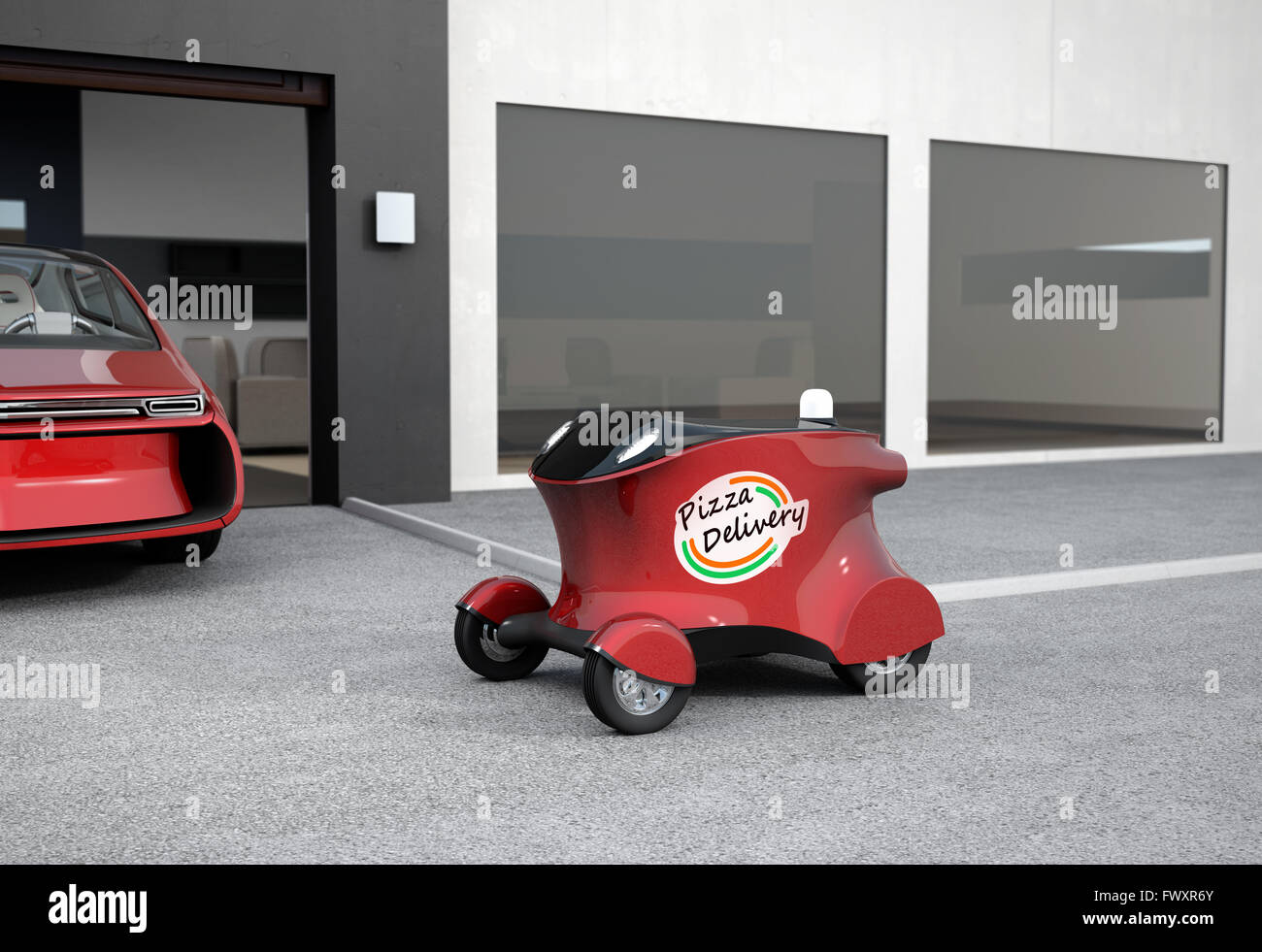Autonome Lieferung Roboter vor der Garage Kommissionierung Pizza warten. 3D-Rendering Bild im original-Design. Stockfoto