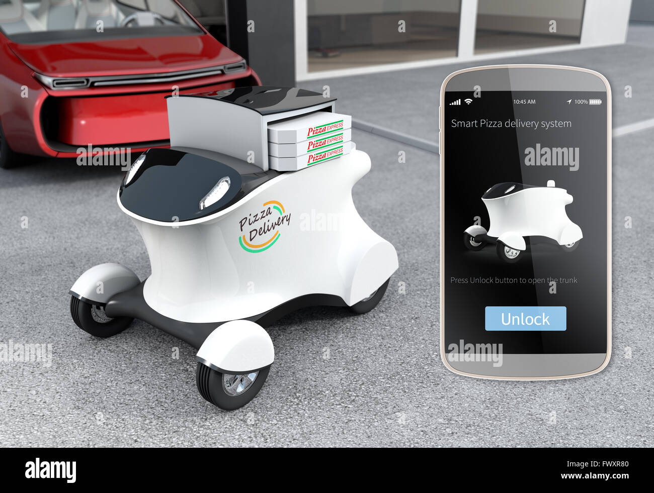 Autonome Lieferung Roboter vor der Garage Kommissionierung Pizza warten. 3D-Rendering Bild im original-Design. Stockfoto