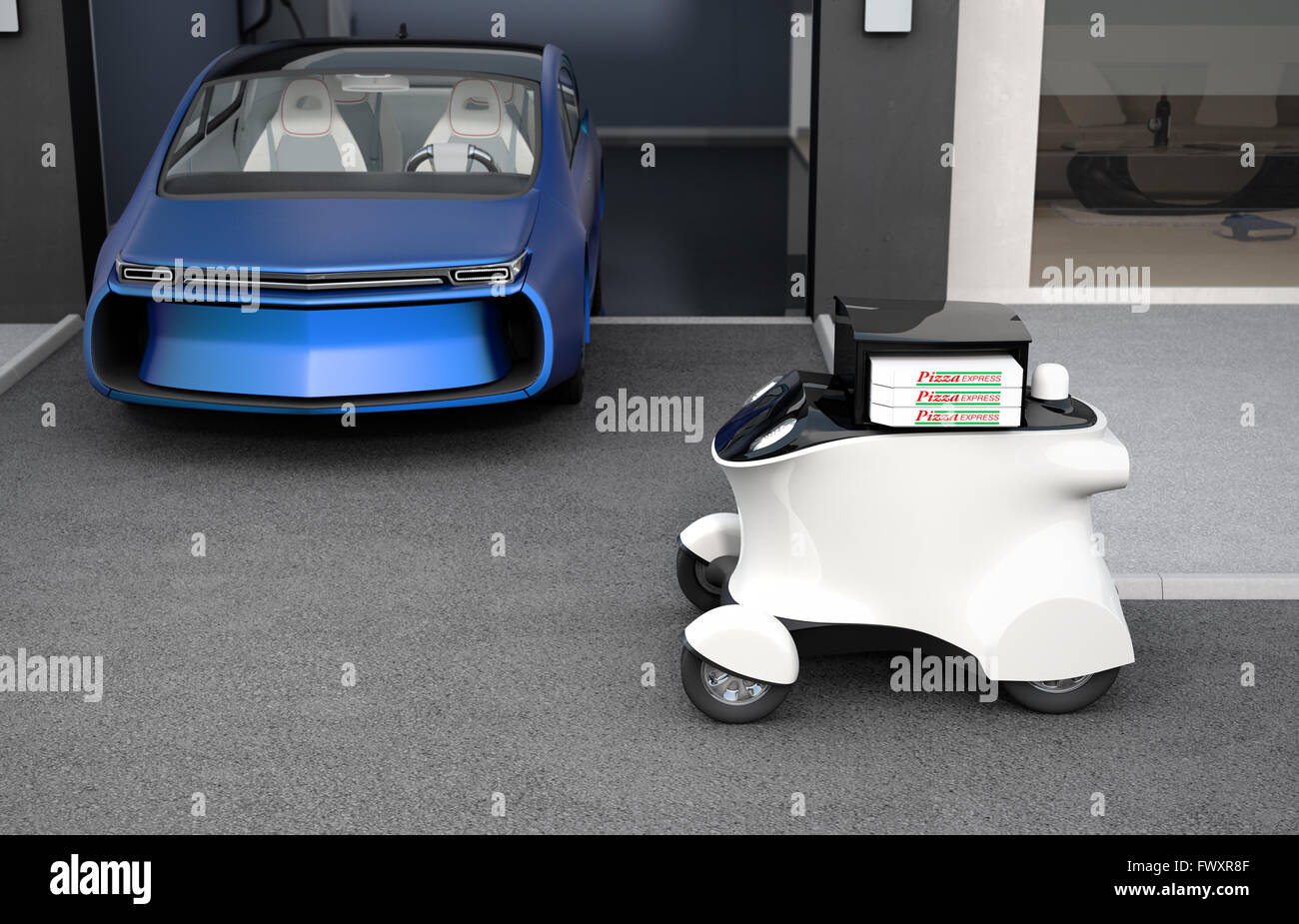 Autonome Lieferung Roboter vor der Garage Kommissionierung Pizza warten. 3D-Rendering Bild im original-Design. Stockfoto