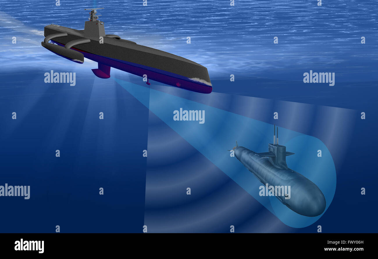 Künstler-Konzept Abbildung der US Navy Schiff Sea Hunter, eine völlig neue Klasse von unbemannten hochseetaugliches Schiff, ein u-Boot-Jagd. Stockfoto
