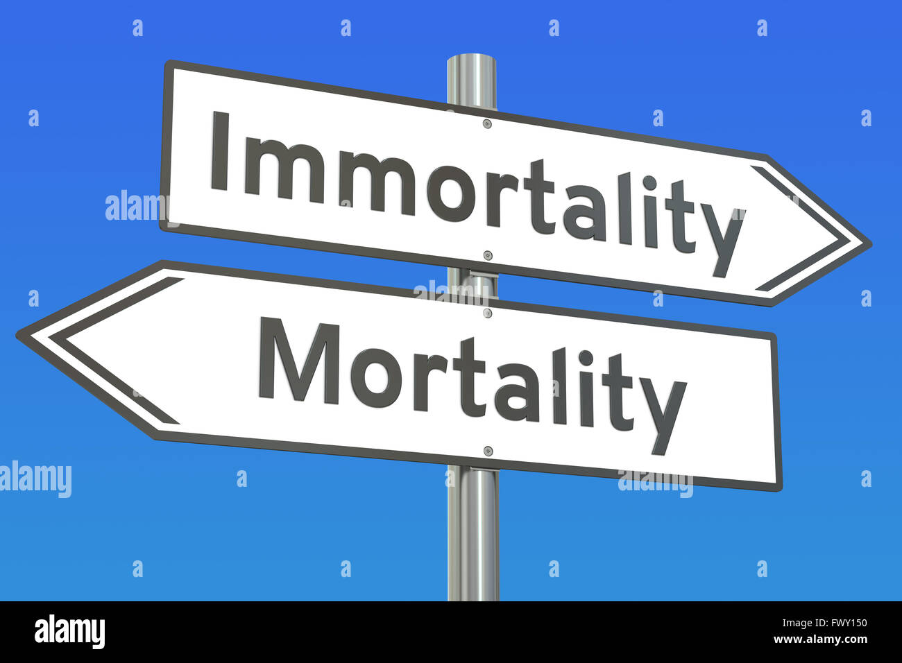 Unsterblichkeit oder Mortalität Konzept auf der Straße-Wegweiser, 3D rendering Stockfoto