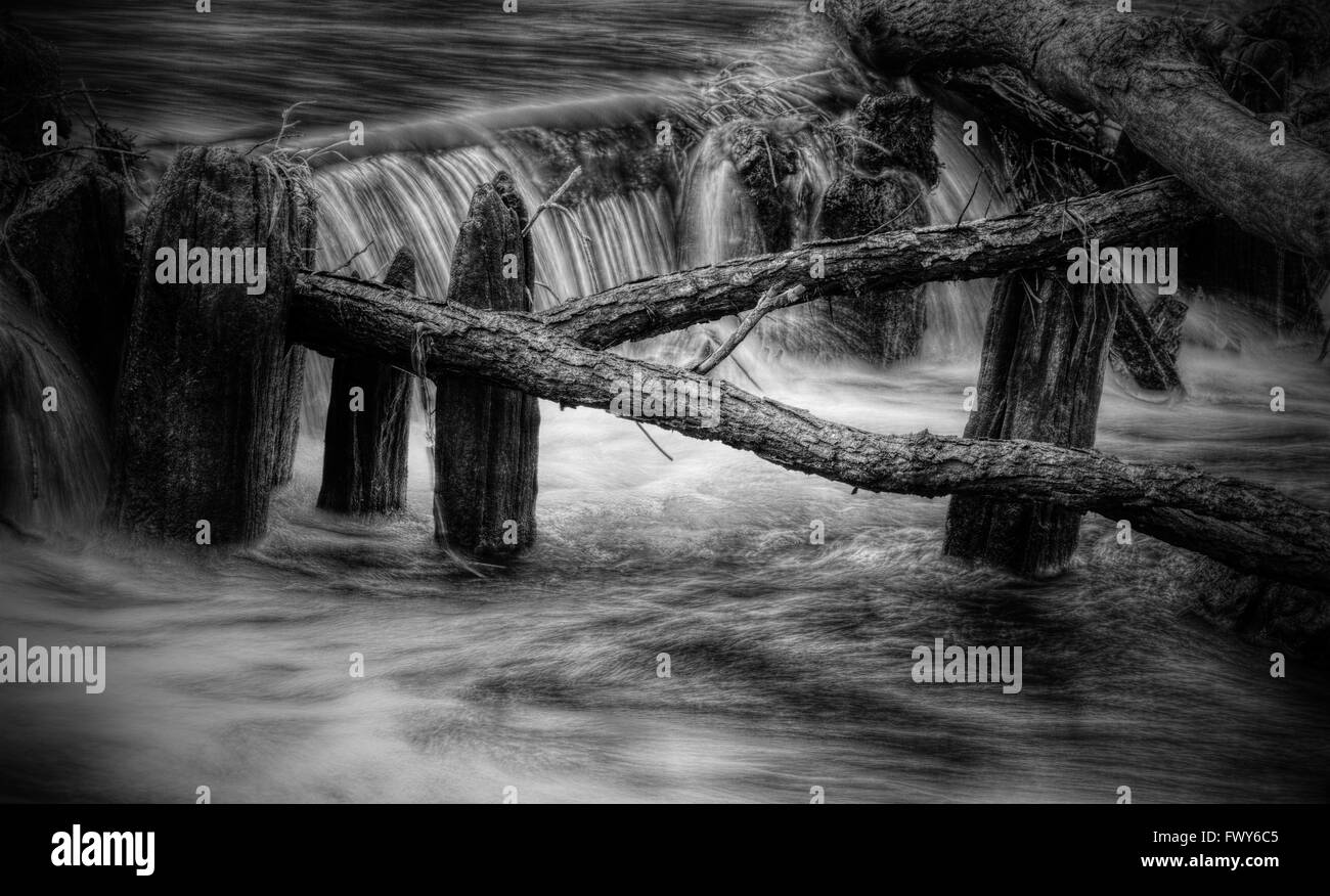 Schöne Wildnis Wehr am Fluss, schwarz / weiß Stockfoto