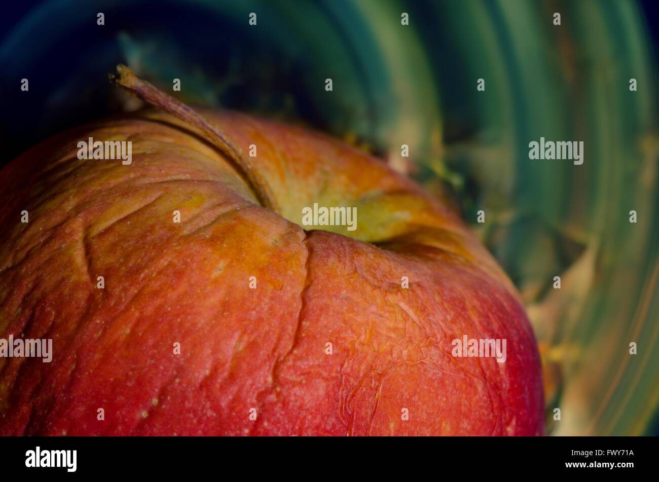Geschrumpfter roter Apfel auf bunten defocus kreisförmig Hintergrund Stockfoto