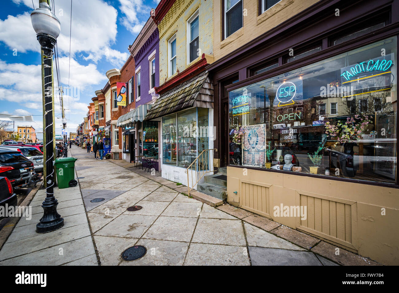 Geschäfte entlang der West 36th Street in Hampden, Baltimore, Maryland. Stockfoto