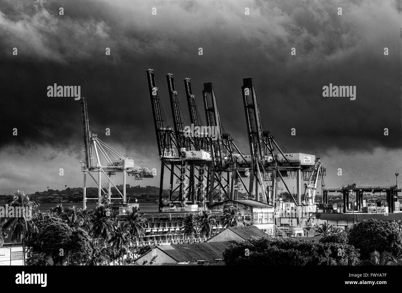Turmdrehkrane im Hafen von Salvador - CODEBA (Bahia State Dock Company) im Hafengebiet von ​​Salvador in Bahia de Todos os Santos (All Saints Bay) Stockfoto