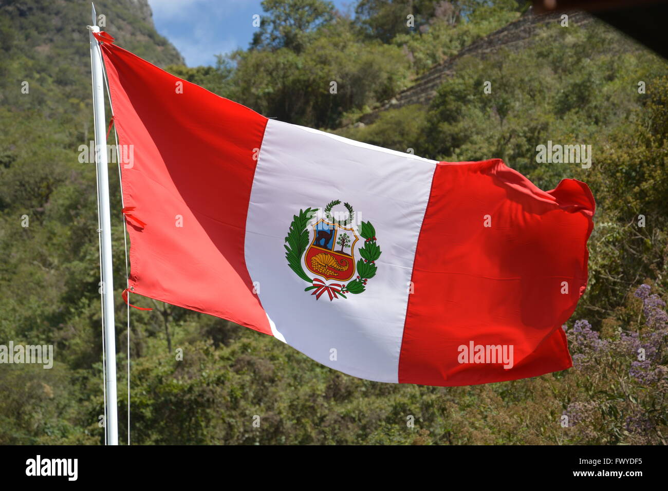Die Flagge von Peru mit dem Wappen ist eine Variante im Jahr 1825 von Simon Bolivar die Verwaltung eingeführt und wird in der Regel durch staatliche Einrichtungen verwendet werden. Stockfoto