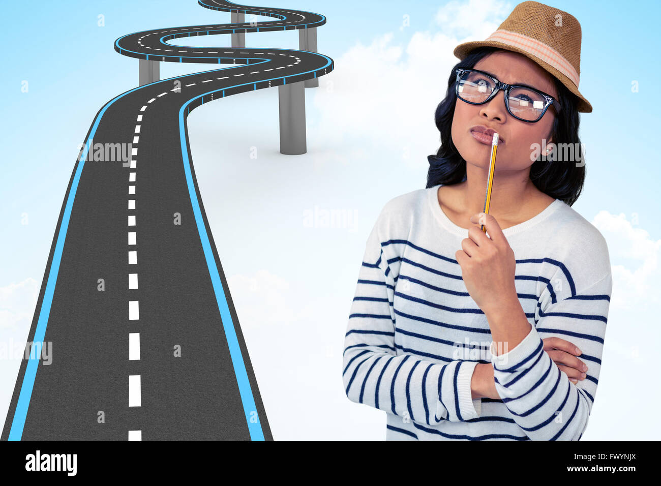 Zusammengesetztes Bild des nachdenklichen Asiatin mit Bleistift auf Mund Stockfoto