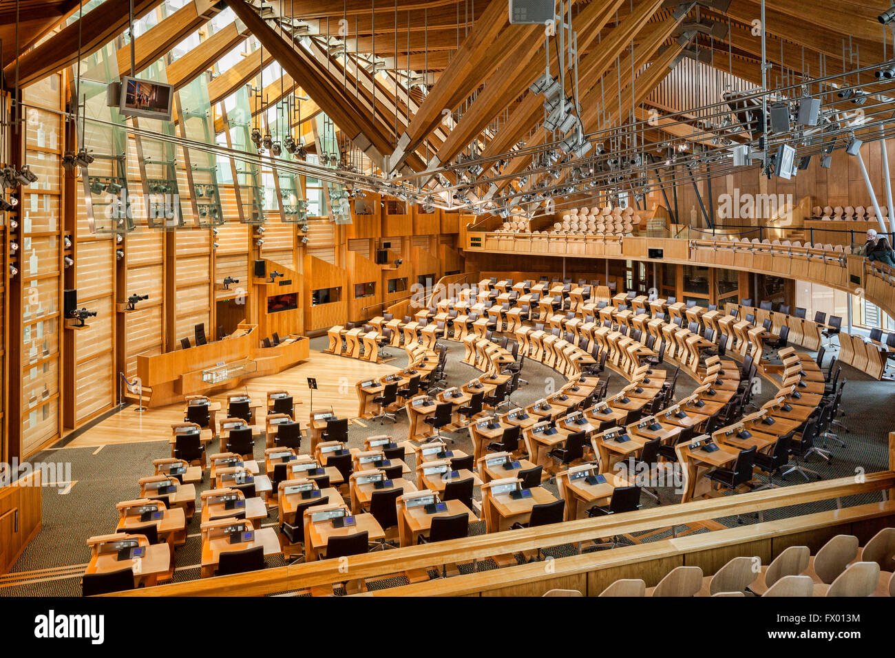 Der Sitzungssaal des schottischen Parlaments in Holyrood, Edinburgh, Schottland. Stockfoto