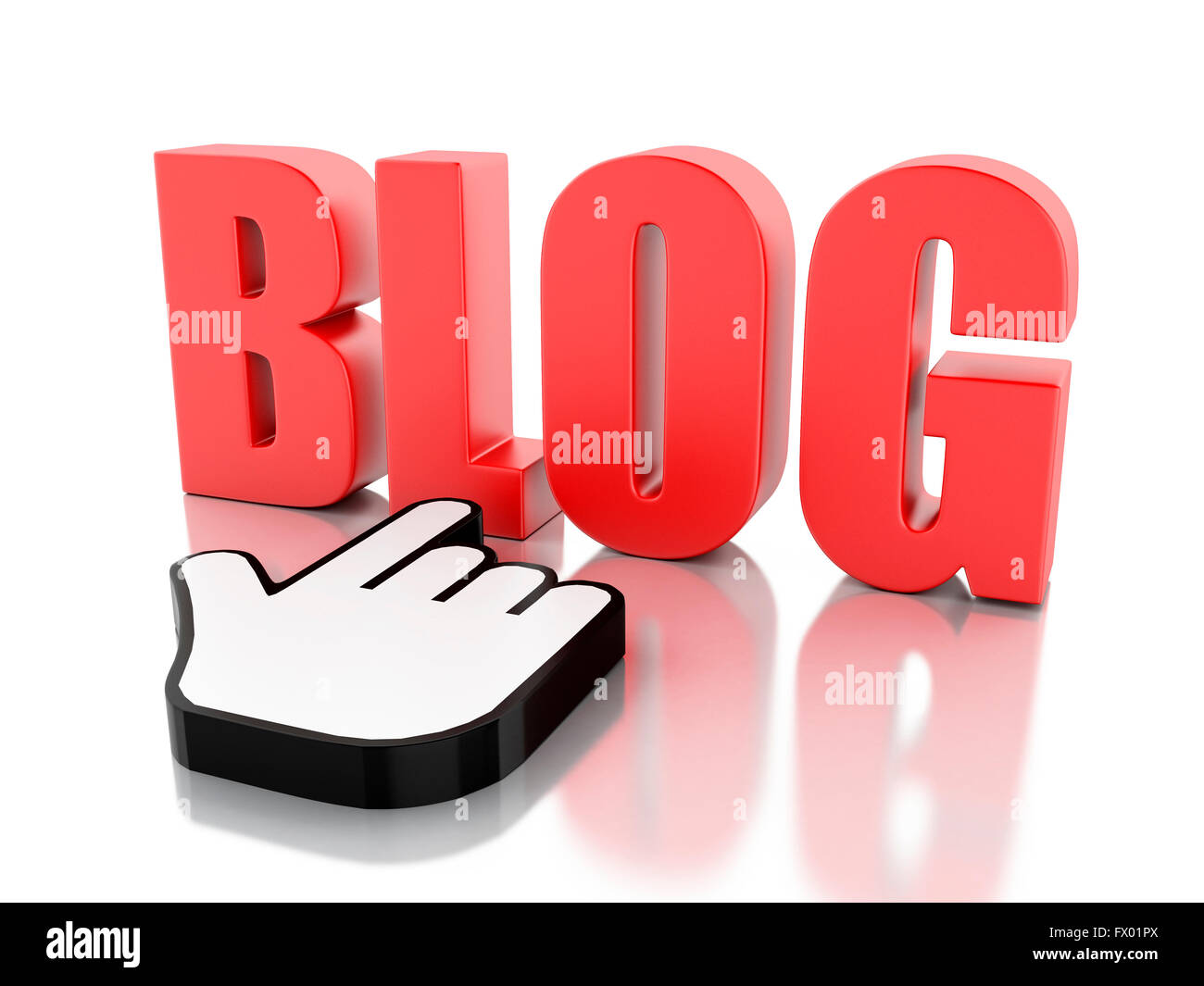 3D Illustration. Das Wort Blog mit Maus-Cursor. Netzwerk-Kommunikations-Konzept. Isolierten weißen Hintergrund. Stockfoto