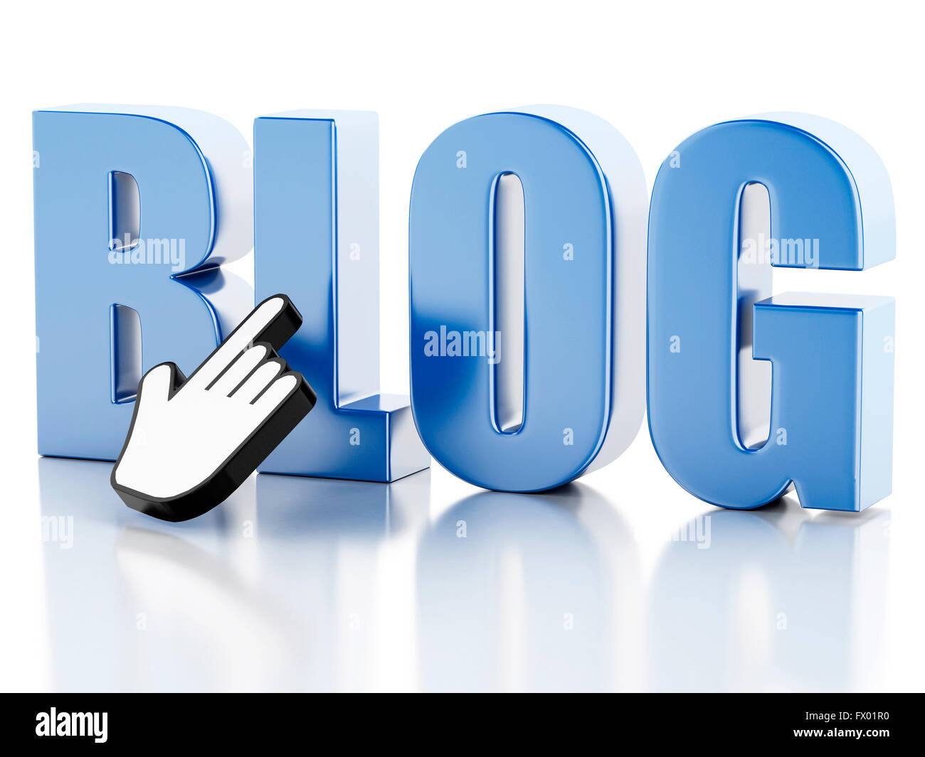 3D Illustration. Das Wort Blog mit Maus-Cursor. Netzwerk-Kommunikations-Konzept. Isolierten weißen Hintergrund. Stockfoto