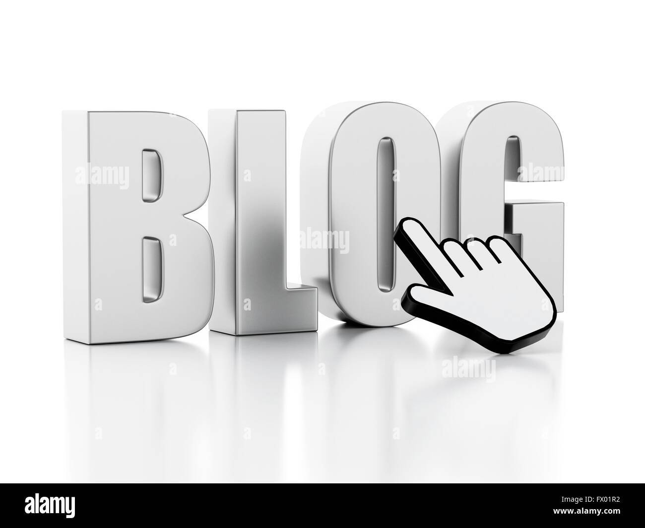 3D Illustration. Das Wort Blog mit Maus-Cursor. Netzwerk-Kommunikations-Konzept. Isolierten weißen Hintergrund. Stockfoto