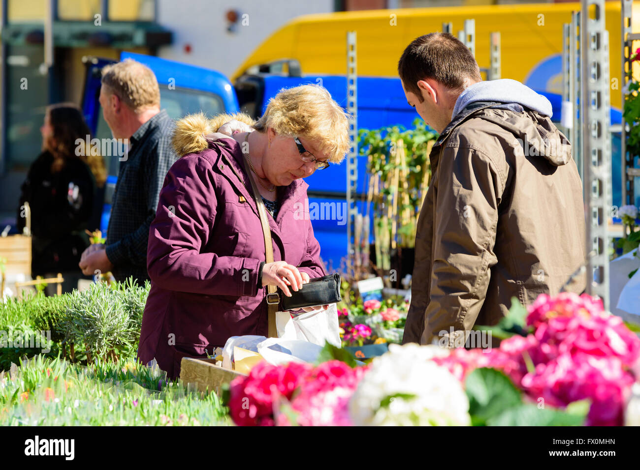 Simrishamn, Schweden - 1. April 2016: Senior Woman ist bezahlen für etwas, auf der Suche nach Bargeld in ihrem Portemonnaie. Männliche Verkäufer wartet Stockfoto