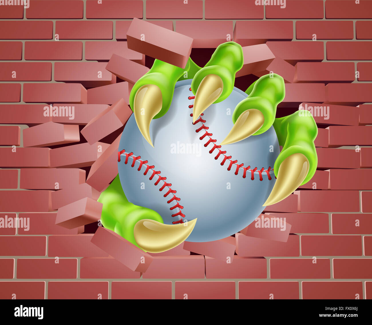 Ein Beispiel für eine Kralle Hand einen Baseball-Ball eine Mauer durchbrechen Stockfoto