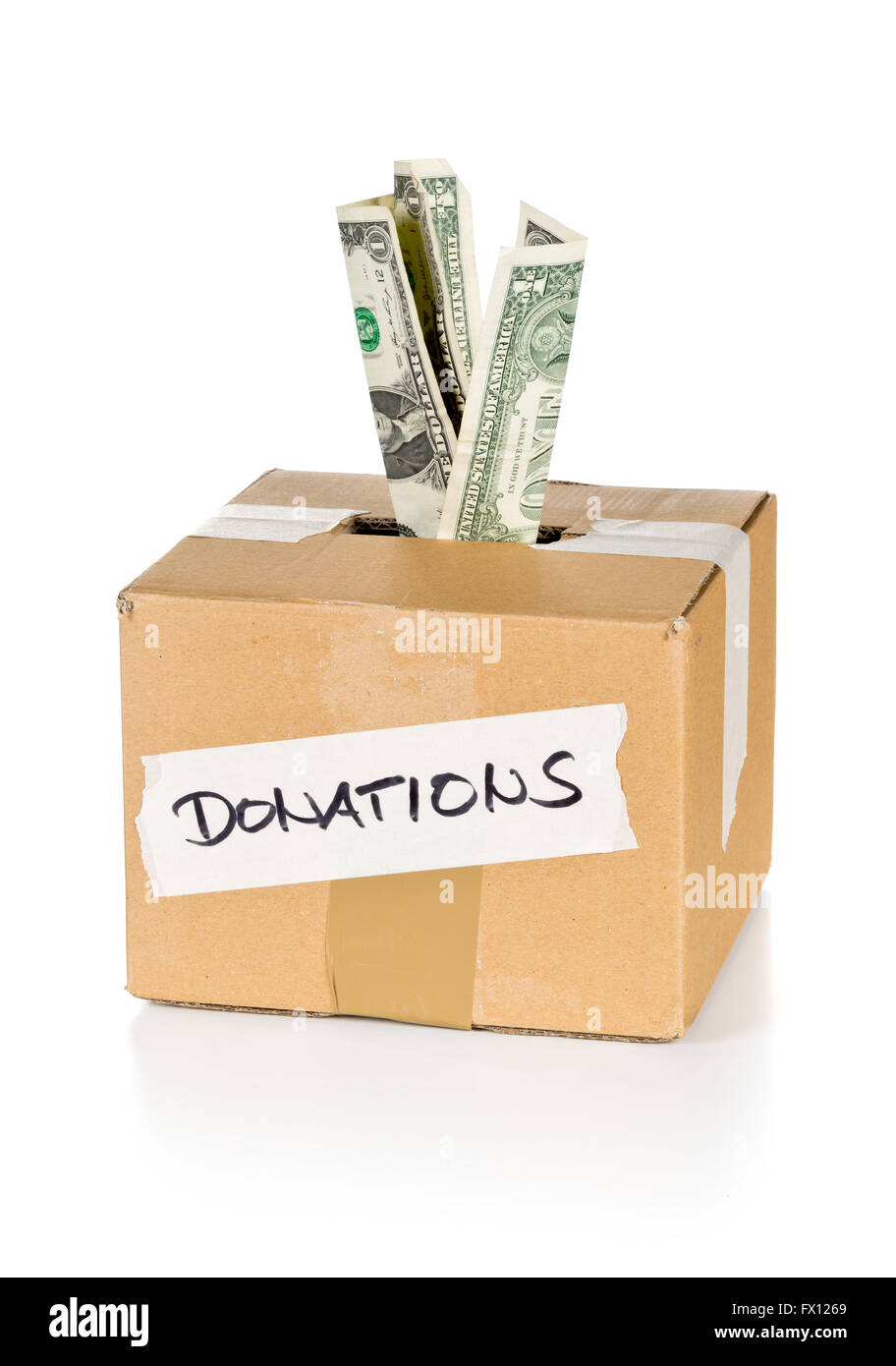 Spende-Karton-Box mit Dollarnoten auf weißem Hintergrund Stockfoto