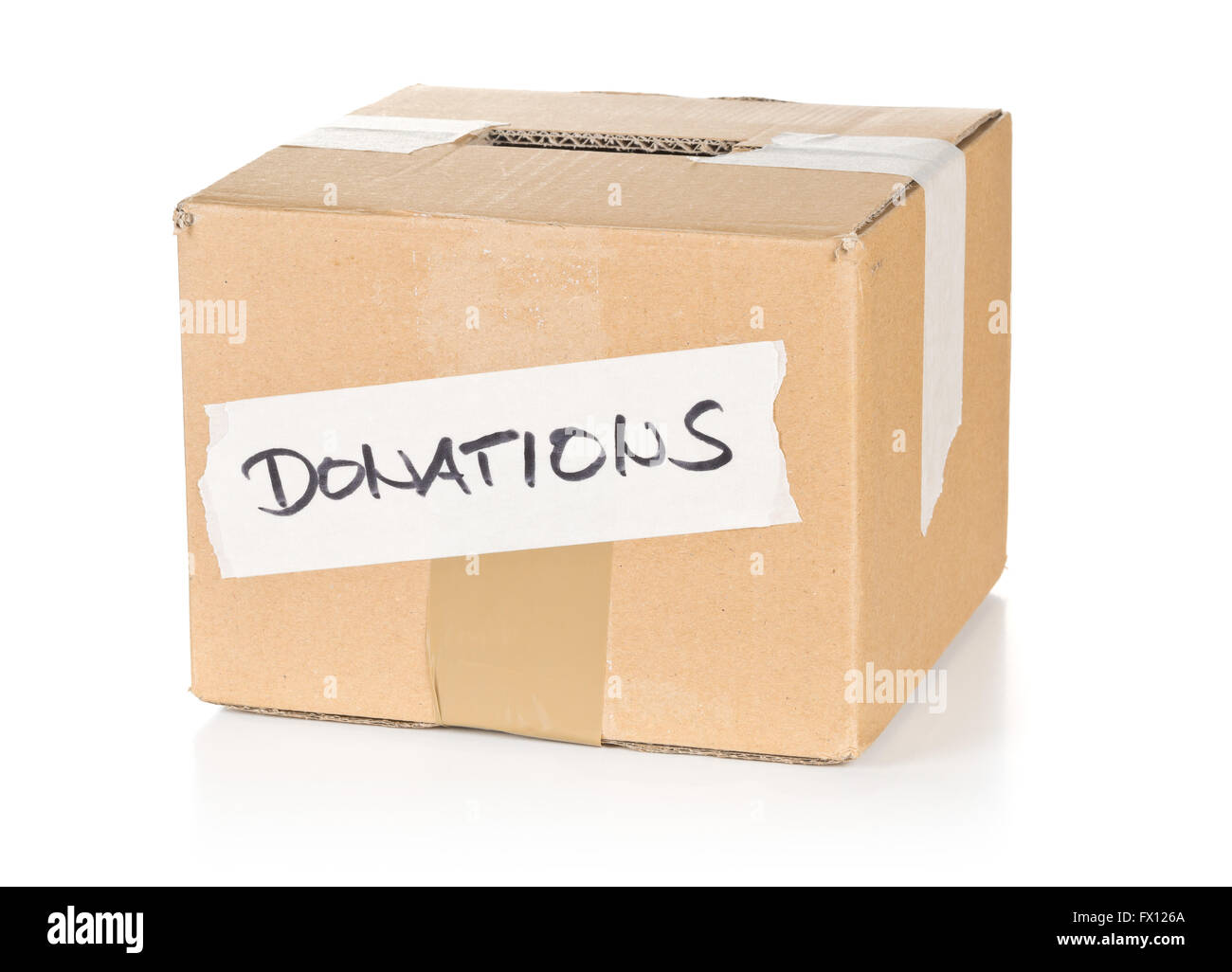 Karton Spenden Box mit Text auf weißem Hintergrund Stockfoto