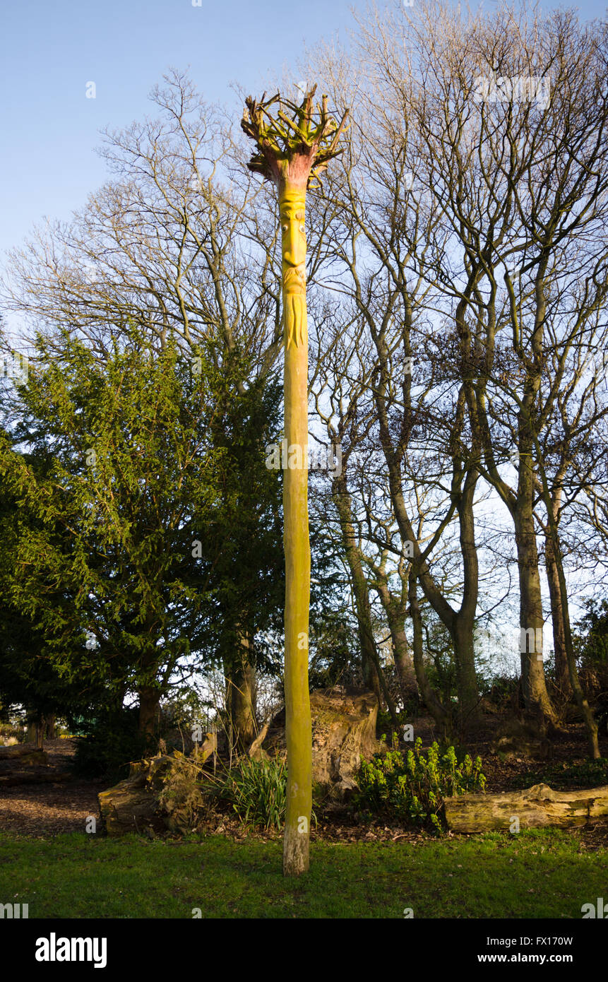 Hohen Baumstumpf mit Gesicht öffentlichen Kunstwerken in 'Stumpery' im Barnes Park, Sunderland Stockfoto