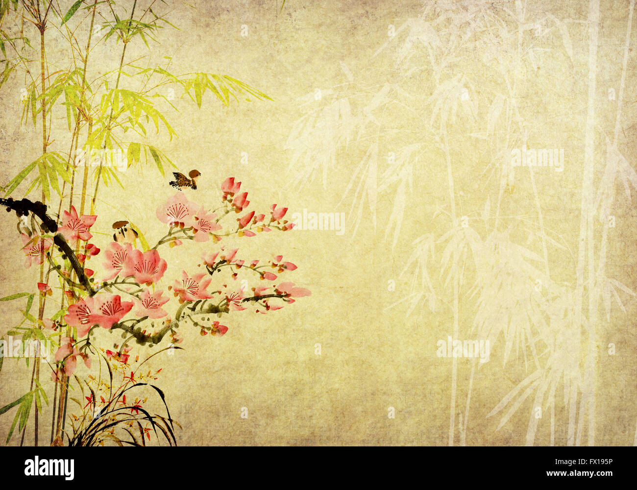 Traditionelle chinesische Malerei Bambus auf alt antik Vintage Papierhintergrund Stockfoto