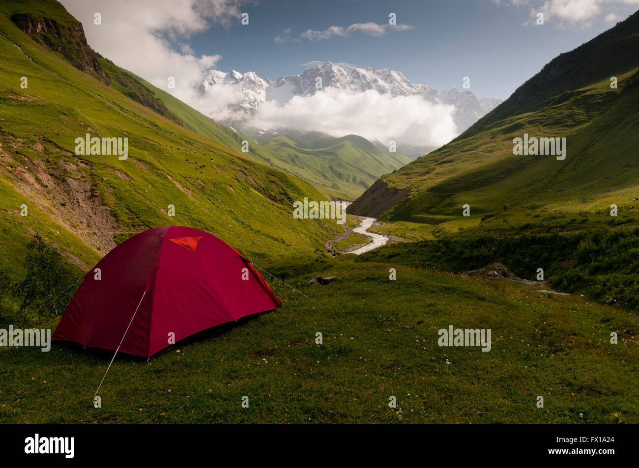 Rote Zelt im Kaukasus-Tal mit Mt. Schchara im Hintergrund, Georgien Stockfoto