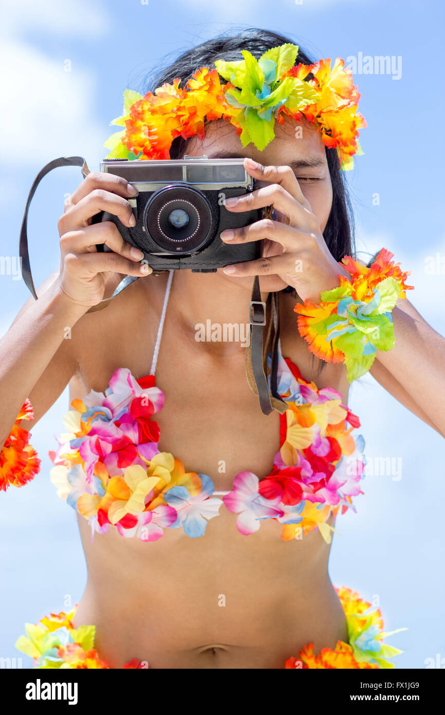 Hawaii Hula-Tänzerin macht Foto Stockfoto