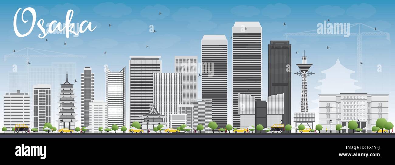 Osaka Skyline mit grauen Gebäuden und blauer Himmel. Vektor-Illustration. Wirtschaft und Tourismus-Konzept mit modernen Gebäuden. Stock Vektor