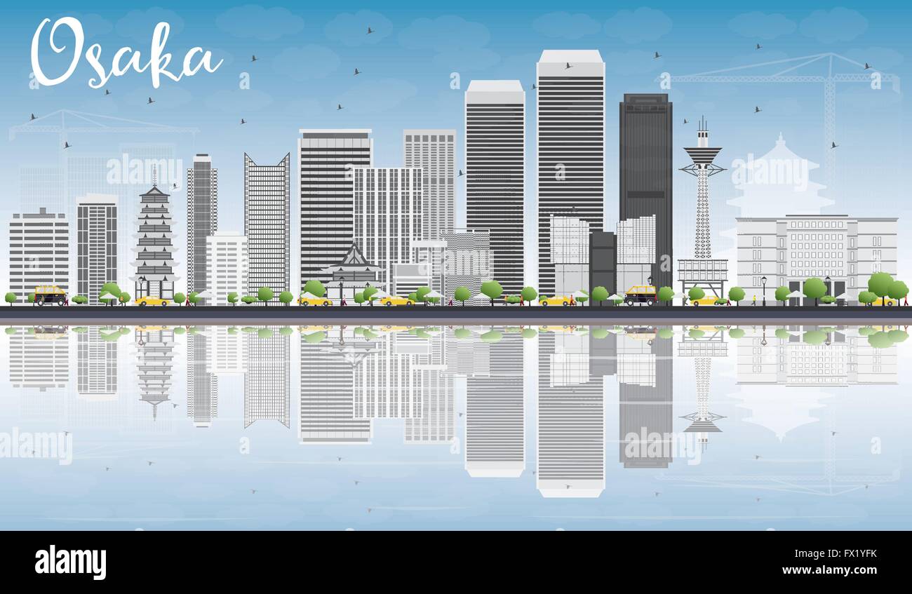 Osaka Skyline mit grauen Gebäuden, blauer Himmel und Reflexionen. Vektor-Illustration. Wirtschaft und Tourismus-Konzept Stock Vektor