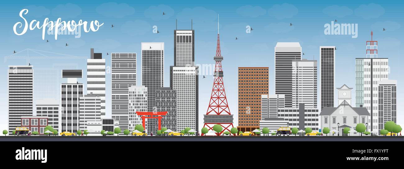 Sapporo Skyline mit grauen Gebäuden und blauer Himmel. Vektor-Illustration. Wirtschaft und Tourismus-Konzept mit modernen Gebäuden. Stock Vektor