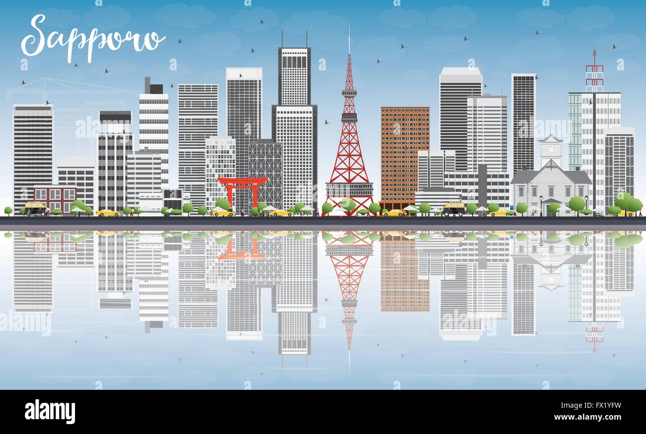 Sapporo Skyline mit grauen Gebäuden, blauer Himmel und Reflexionen. Vektor-Illustration. Wirtschaft und Tourismus-Konzept Stock Vektor