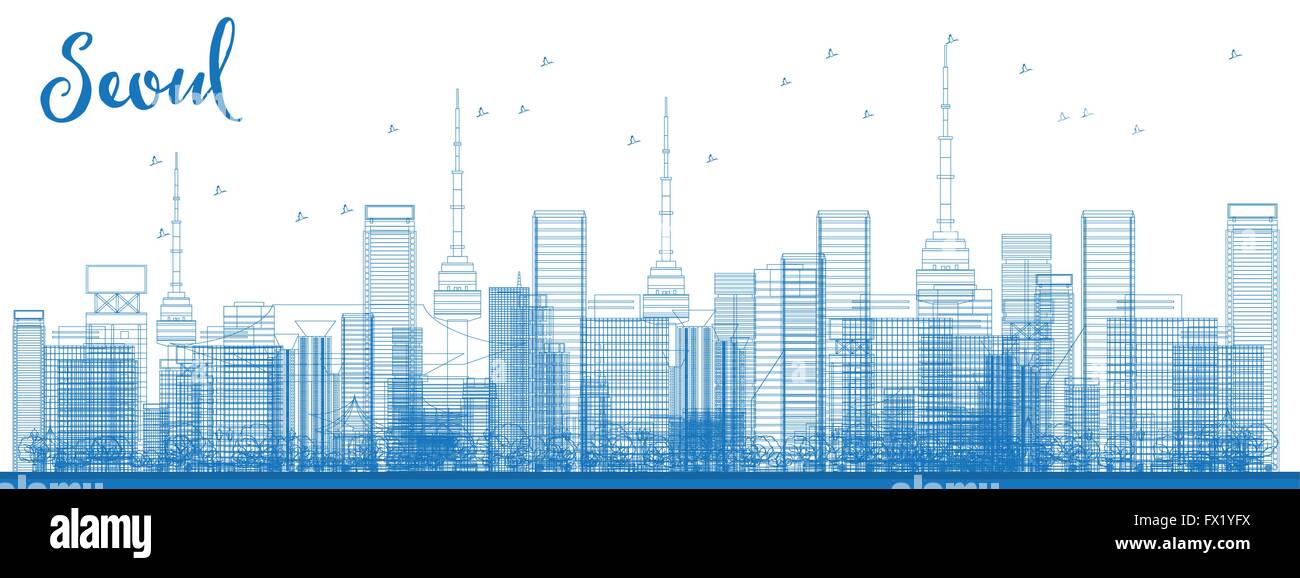 Skyline von Seoul mit blauen Gebäuden zu skizzieren. Vektor-Illustration. Business-Reisen und Tourismus-Konzept mit modernen Gebäuden. Stock Vektor