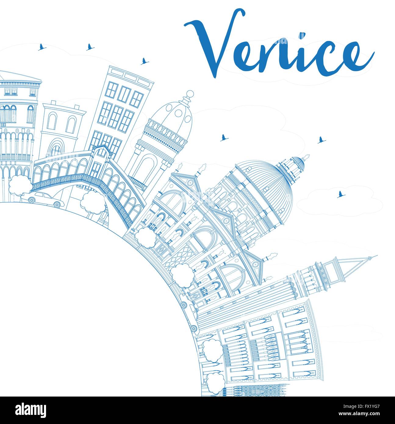 Umriss Venedig Skyline Silhouette mit blauen Gebäude. Vektor-Illustration. Geschäftsreisen und Tourismus-Konzept mit Textfreiraum. Stock Vektor