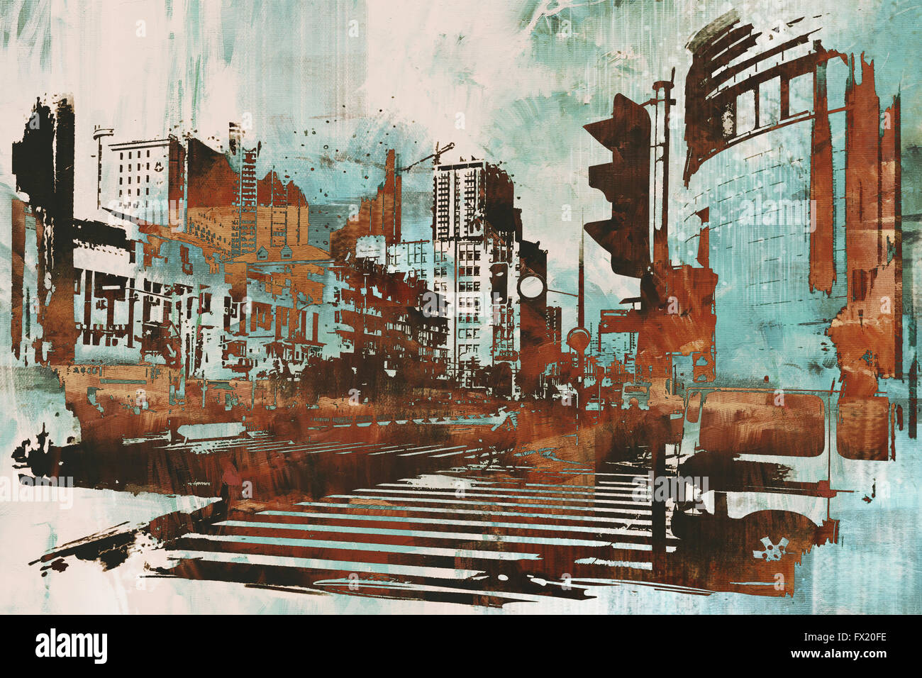 urbane Stadtbild mit abstrakten Grunge, Illustration, Malerei Stockfoto