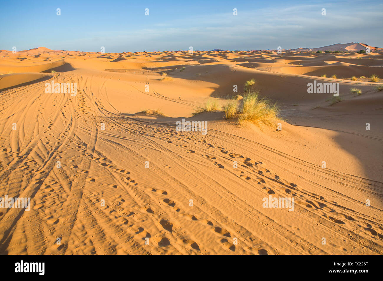 Einige Schleifen Hügel am Erg Chebbi in der Wüste Sahara.  Egrs sind große Dünen von Wind-durchgebrannten Sand gebildet. Marokko Stockfoto