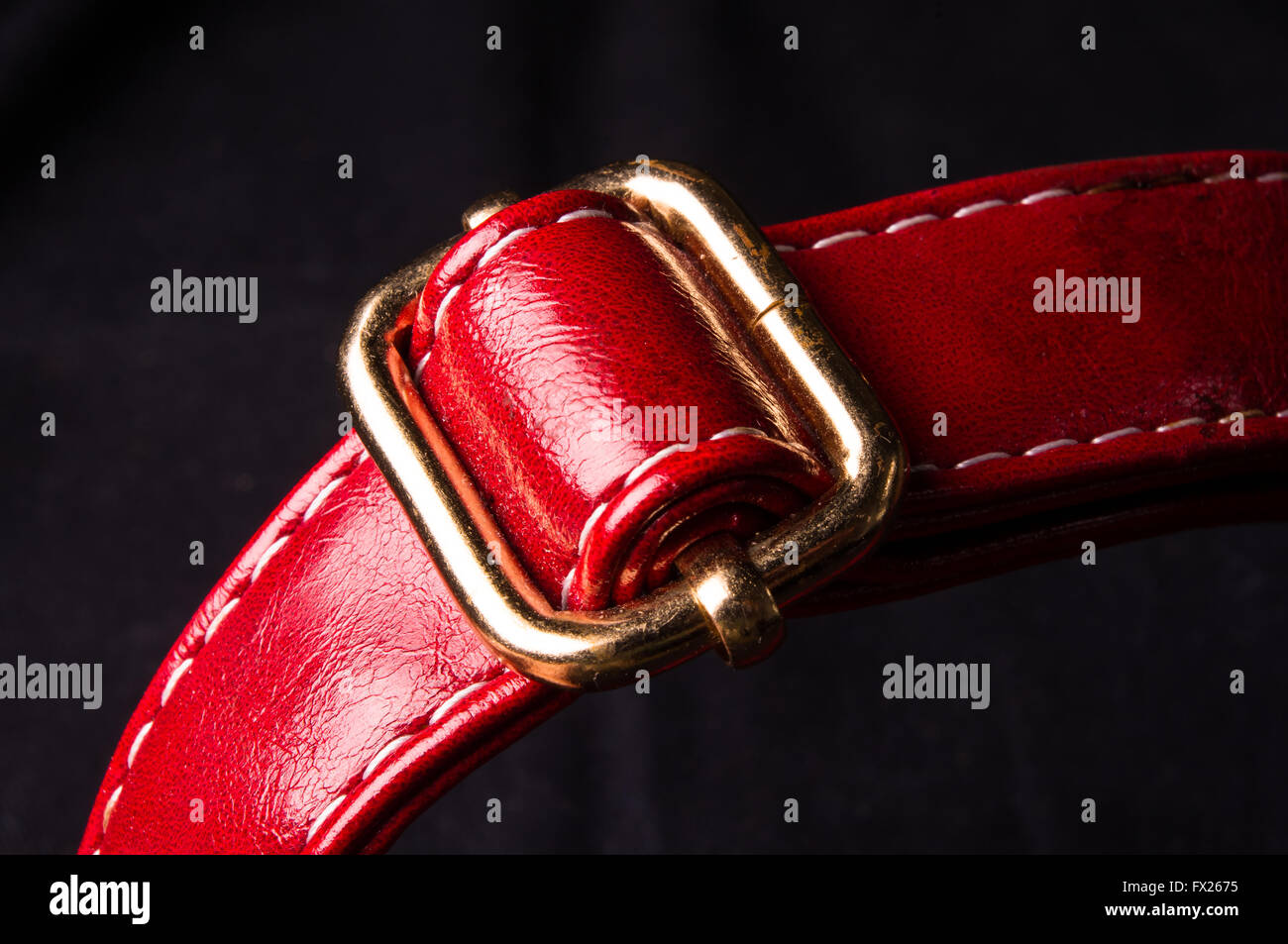 Nahaufnahme von roten Lederarmband mit gelbem Metall Schnalle Stockfoto