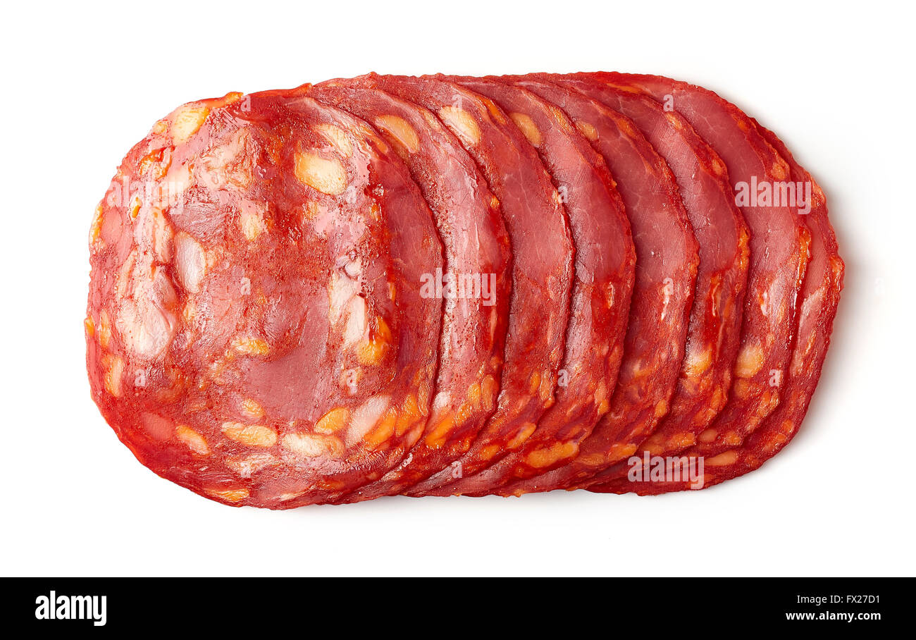 Oben Sie in Scheiben Chorizo Wurst isoliert auf weißem Hintergrund, Ansicht von Stockfoto