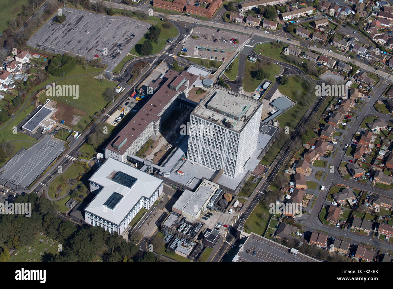 Luftaufnahme von DVLA (Fahrer und Vehicle Licensing Agency) Gebäude in Swansea, Südwales. Stockfoto