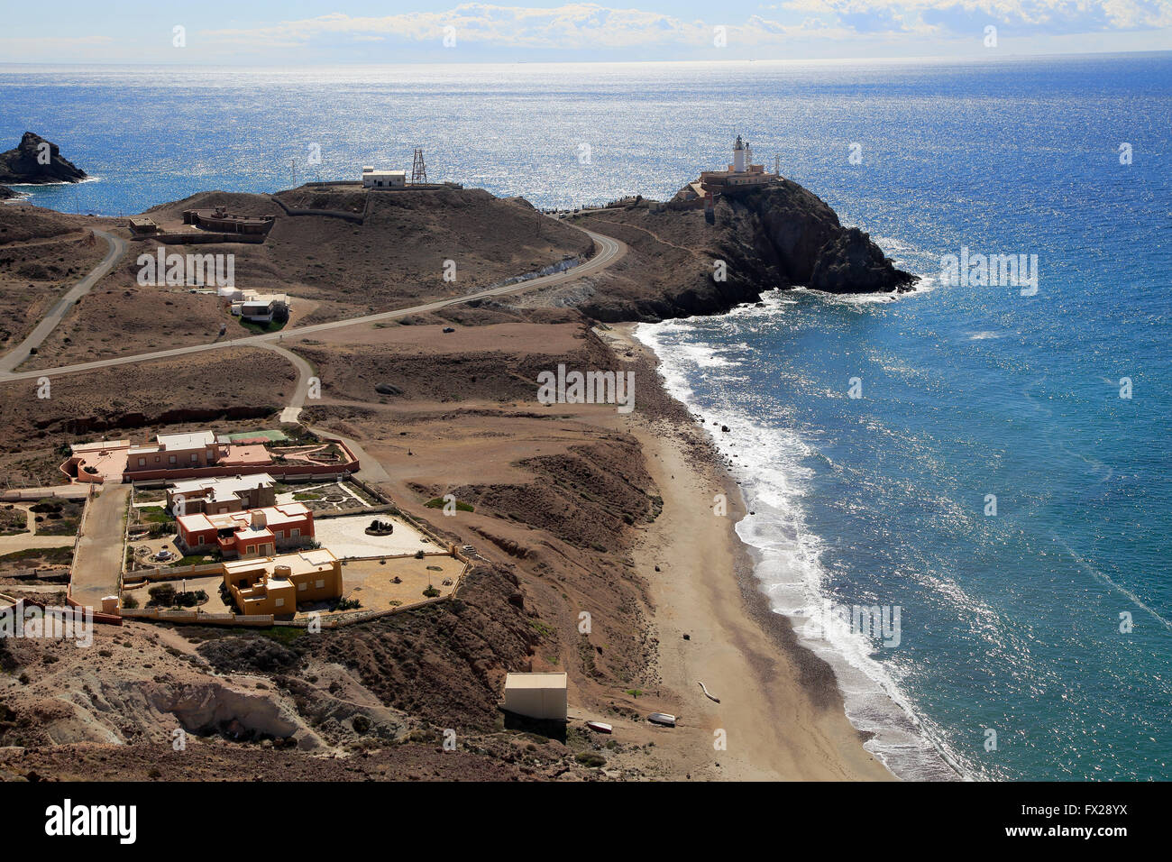 Leuchtturm am Cabo de Gata Landzunge, Naturpark Cabo de Gata, Almeria, Spanien Stockfoto