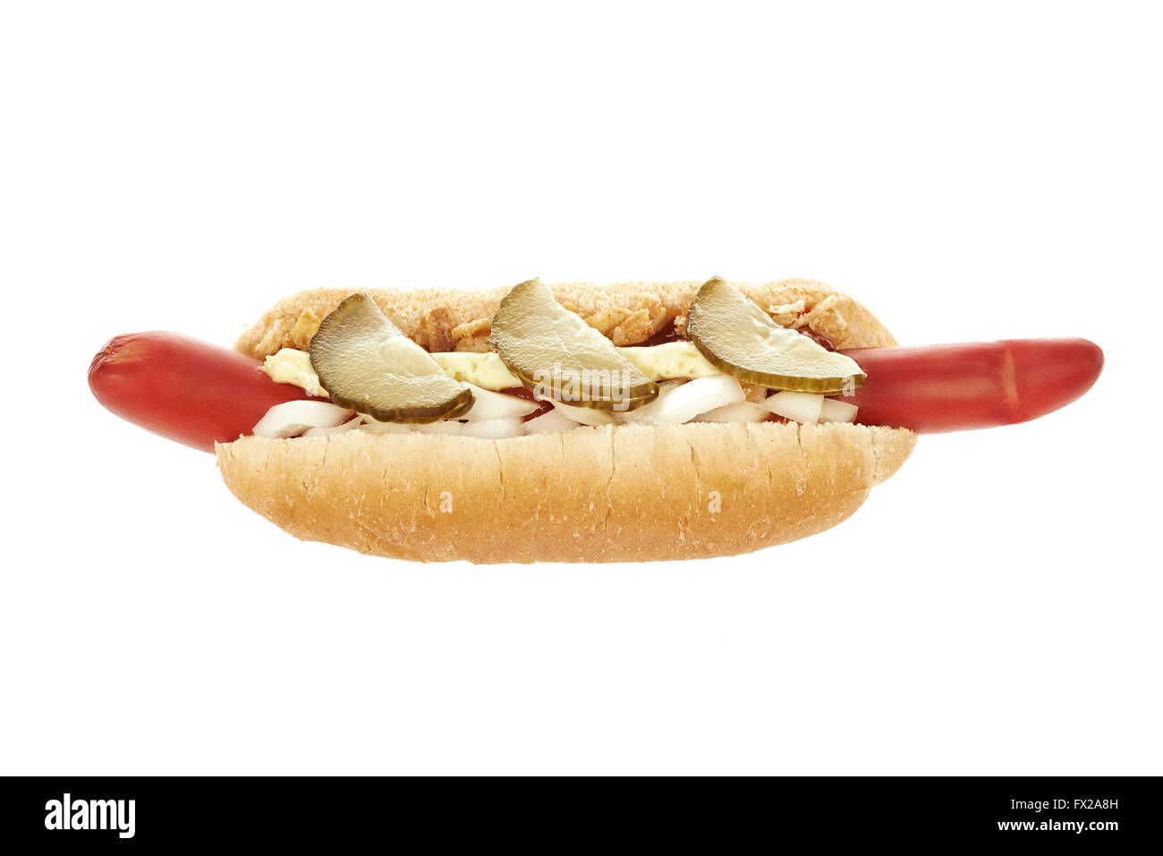 Hotdog auf isoliert auf weißem Hintergrund Stockfoto
