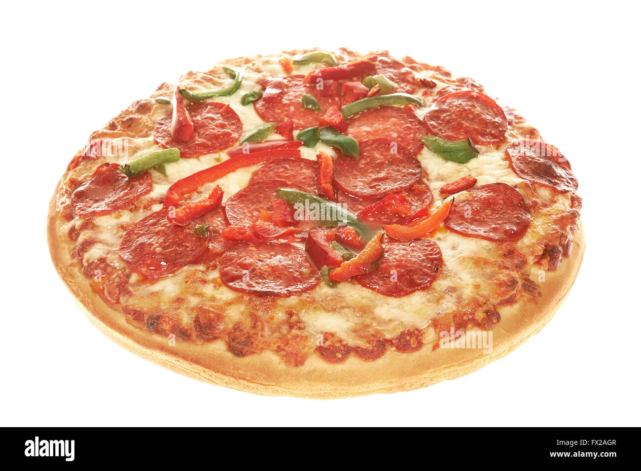Deep Dish-Pizza Salami, isoliert auf weiss Stockfoto