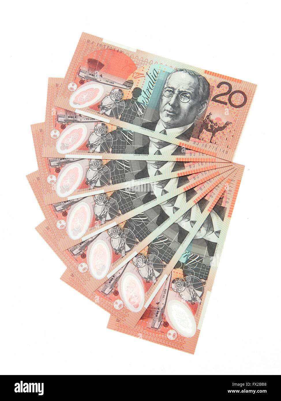 Nahaufnahme Bild des australischen Dollar-Scheine auf weißem Hintergrund Stockfoto